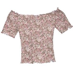 H&M Smocked Floral Off Shoulder Top XS Pink Cream Cottagecore NWT